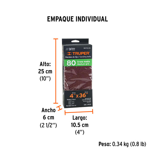 Caja con 3 bandas de lija 4' x 36' grano 80 para PUL 4x6