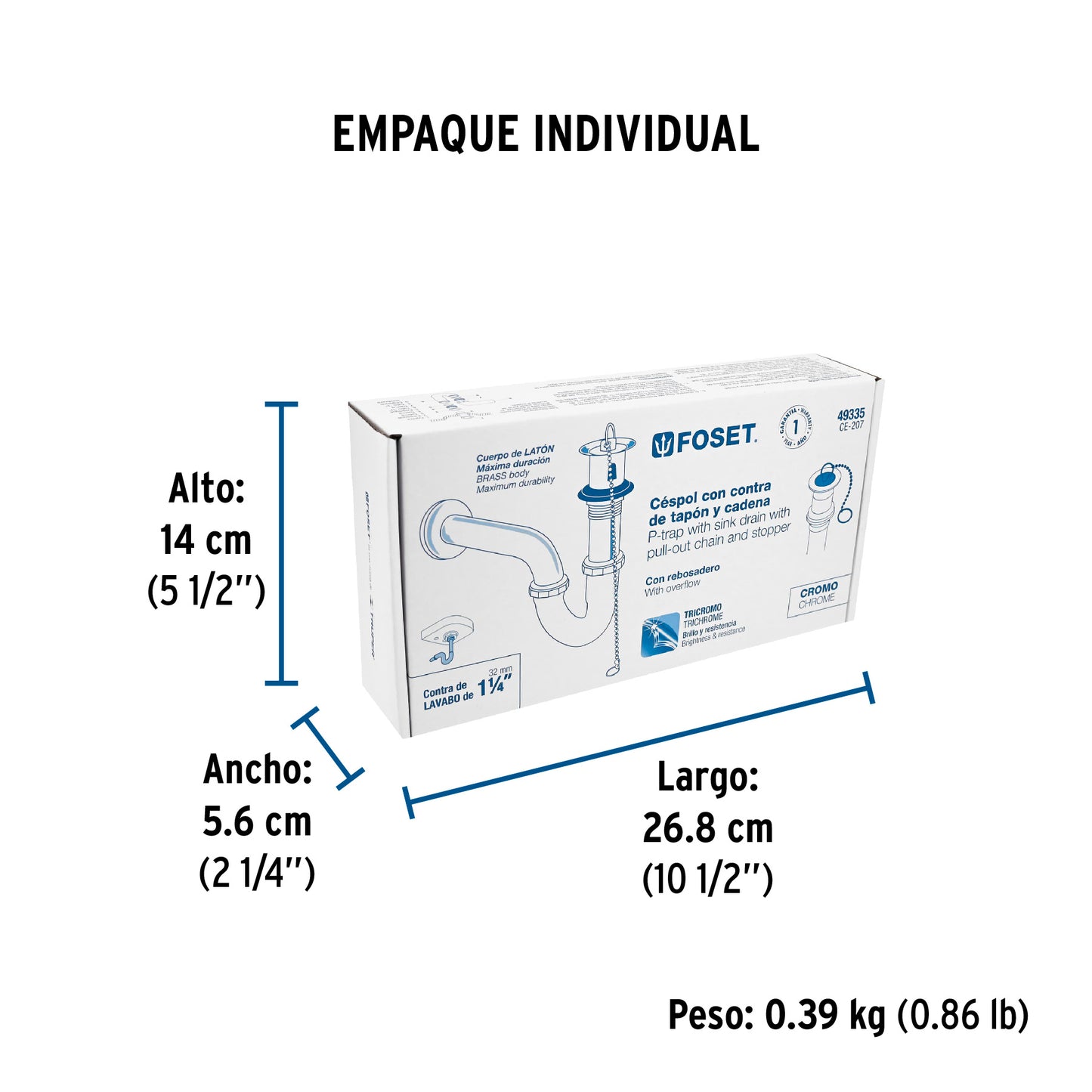 Céspol 1-1/4' c/contra, tapón y cadena, latón cromo,p/lavabo