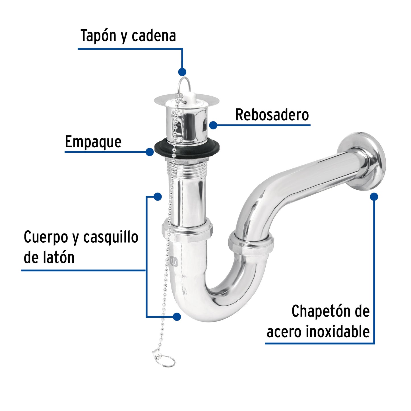 Céspol 1-1/4' c/contra, tapón y cadena, latón cromo,p/lavabo