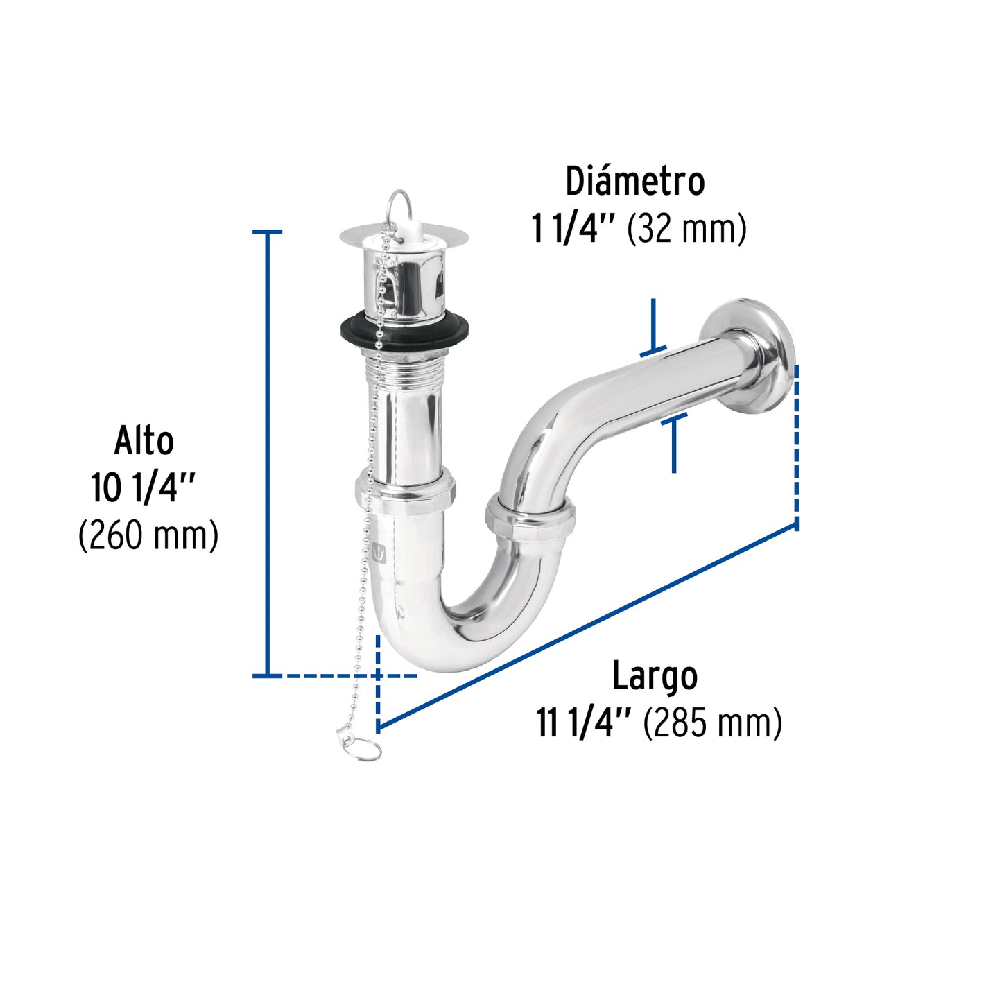 Céspol 1-1/4' c/contra, tapón y cadena, latón cromo,p/lavabo