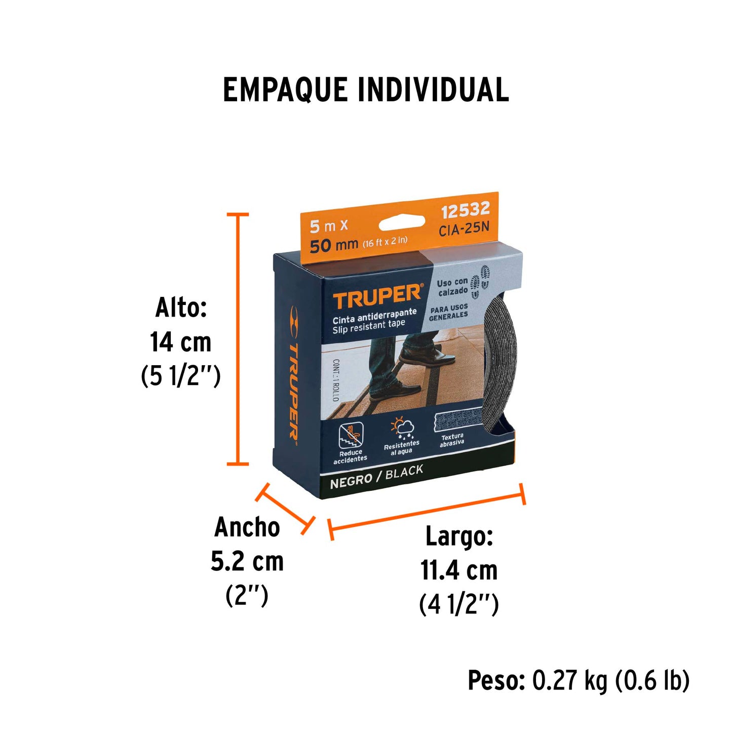 Rollo de 5 m de cinta antiderrapante negra 50mm con abrasivo