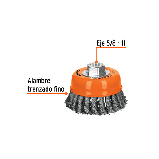Carda copa 4' alambre trenzado fino, eje 5/8'-11, Truper