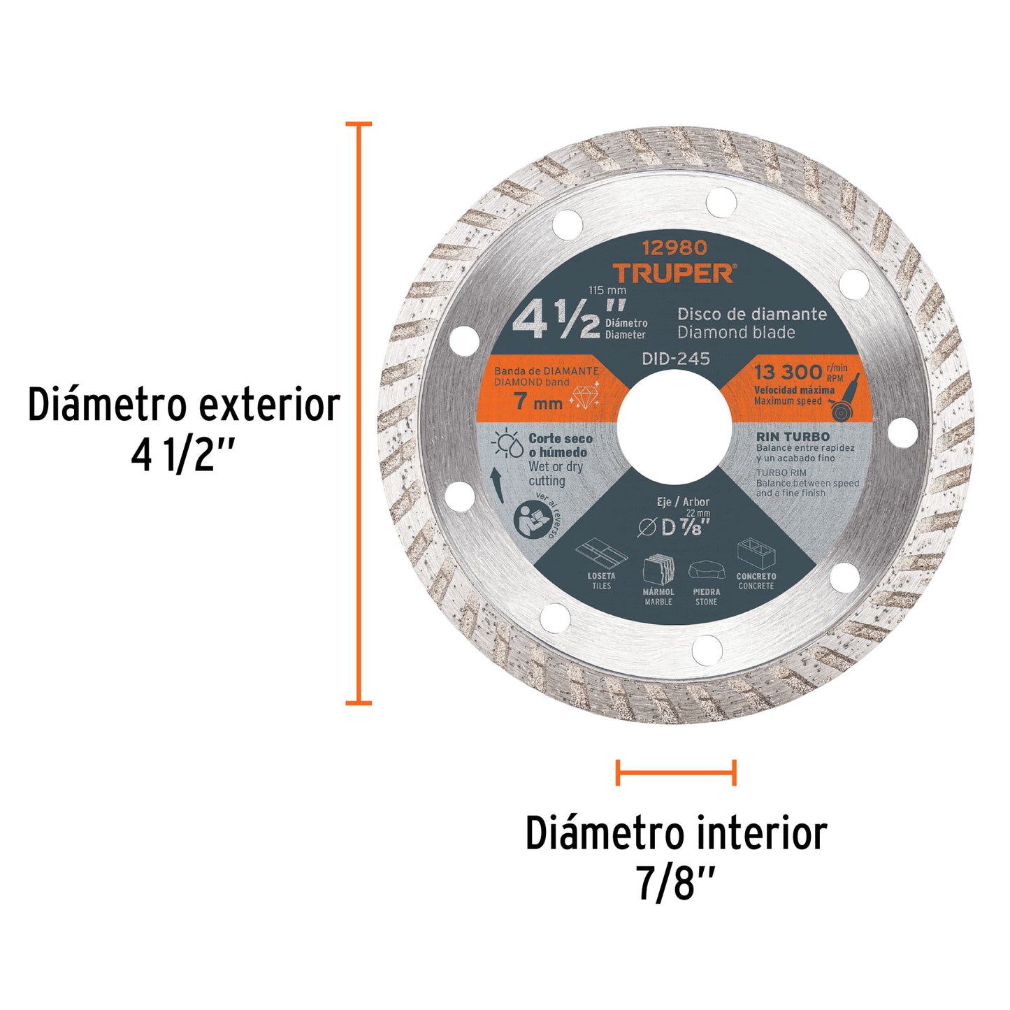 Disco de diamante de 4-1/2' x 2.2 mm, rin turbo, TRUPER
