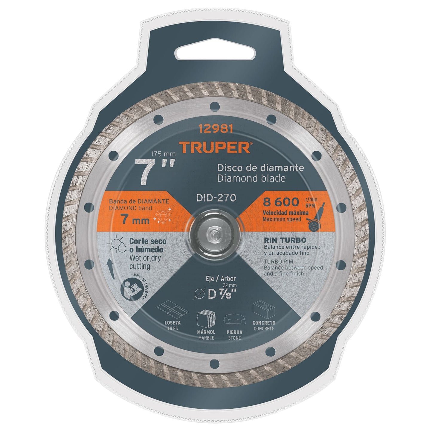 Disco de diamante de 7' x 2.8 mm, rin turbo, TRUPER