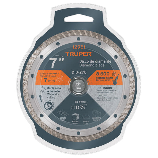 Disco de diamante de 7' x 2.8 mm, rin turbo, TRUPER