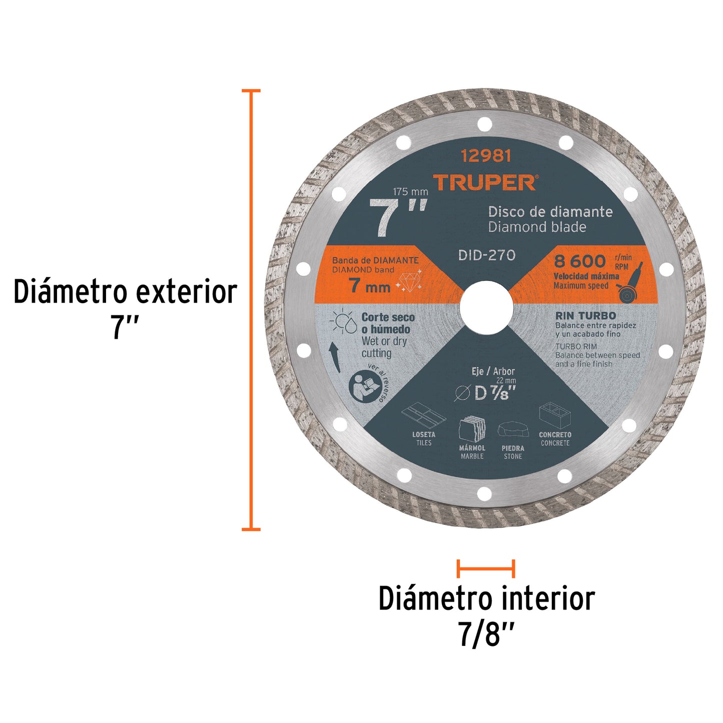 Disco de diamante de 7' x 2.8 mm, rin turbo, TRUPER