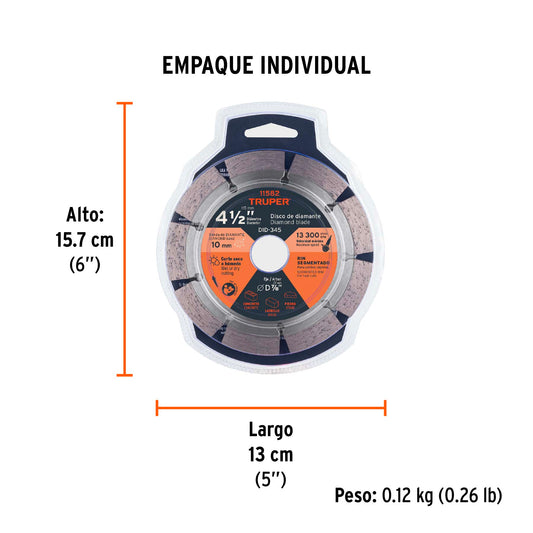 Disco de diamante de 4-1/2' x 2.1 mm, rin segmentado, TRUPER