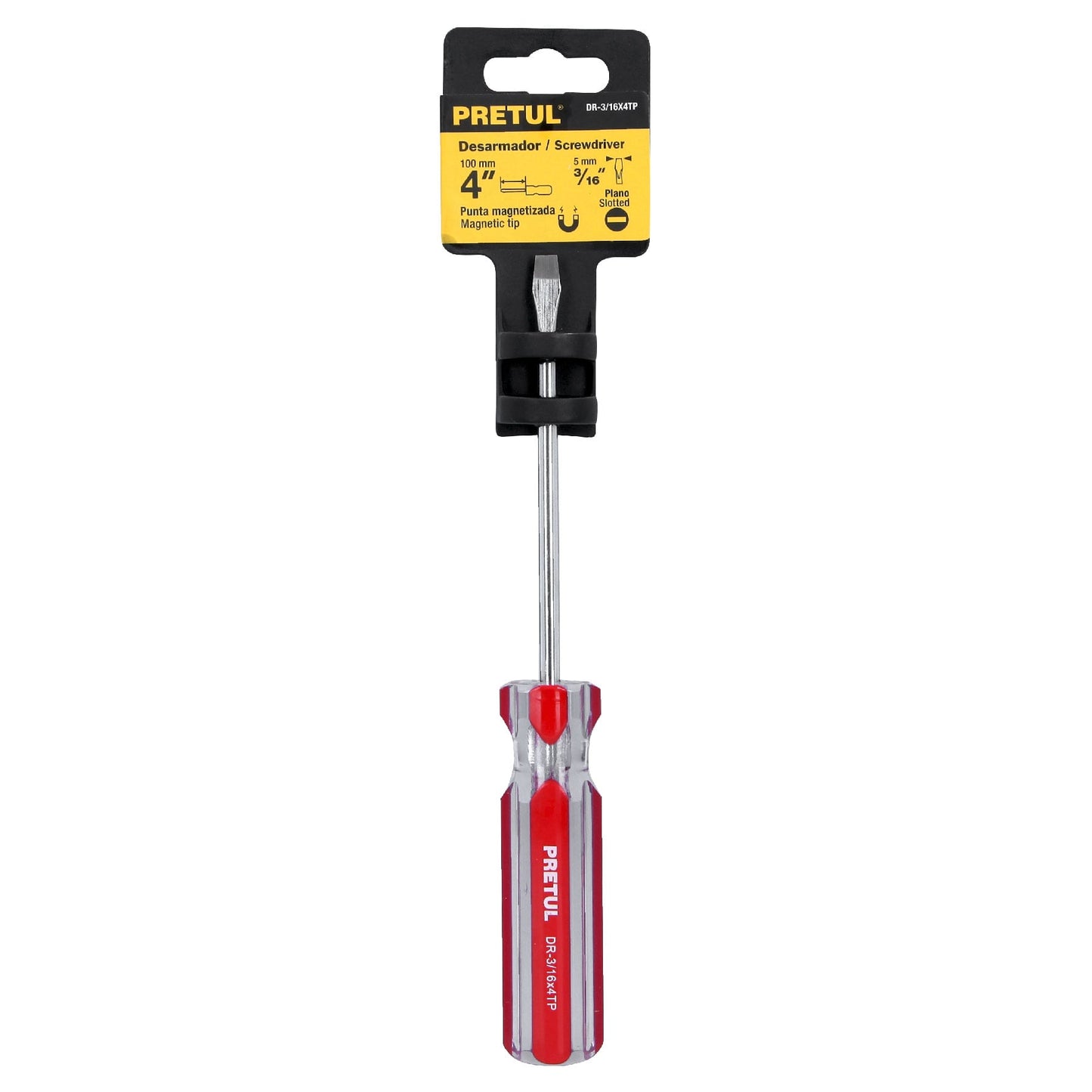 Desarmador plano 3/16 x 4' mango de PVC, Pretul