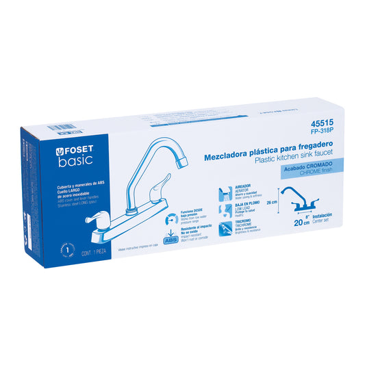 Mezcladora 8' fregadero cromo, cuello largo, palanca, BASIC