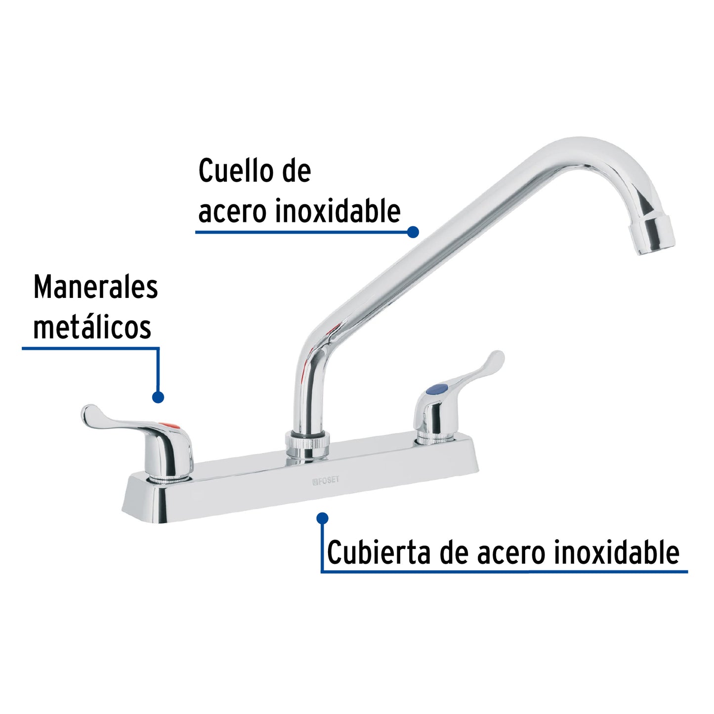 Mezcladora 8' fregadero cromo, cuello largo, palanca, BASIC