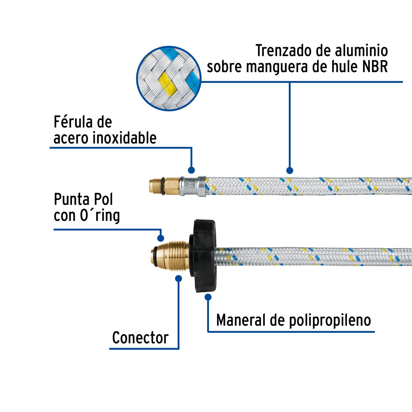 Manguera pigtail, aluminio, 7/16' x 7/8', 55 cm, FOSET