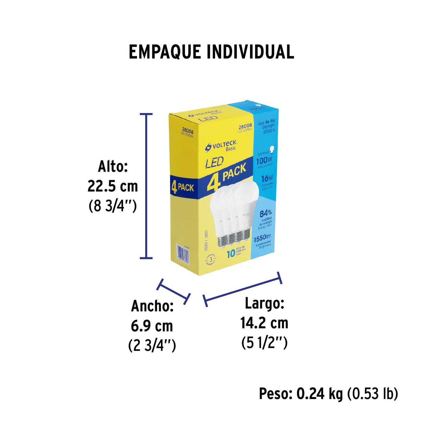 Pack de 4 lámparas LED A19 16 W (equiv. 100 W), luz de día
