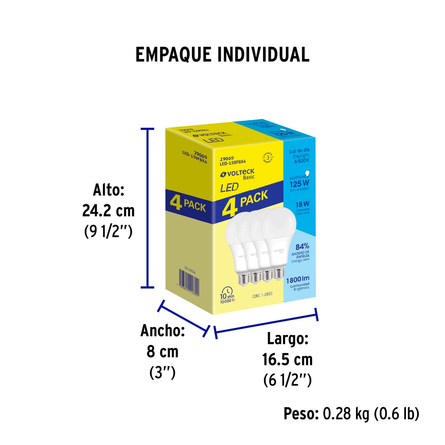 Pack de 4 lámparas LED A19 18 W (equiv. 135 W), luz de día