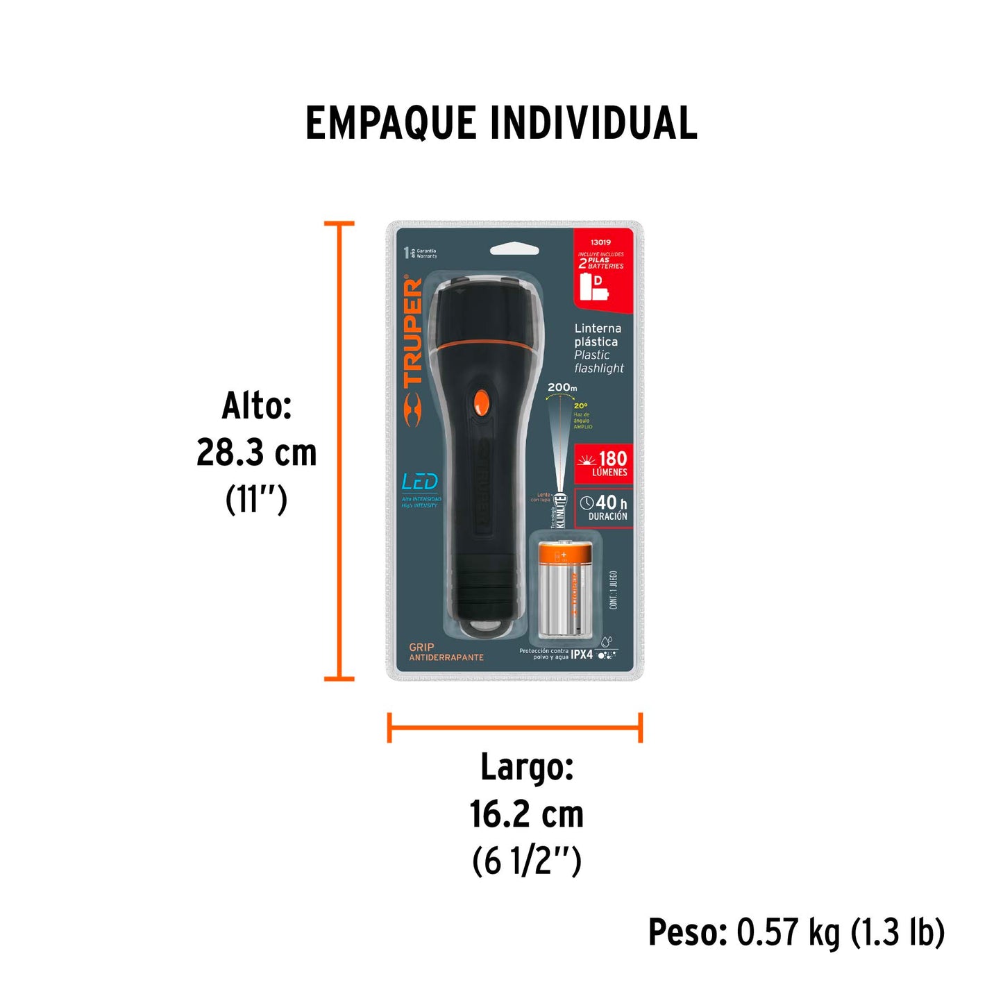 Linterna plástica 1 LED 180 lm con 2 pilas D, Truper