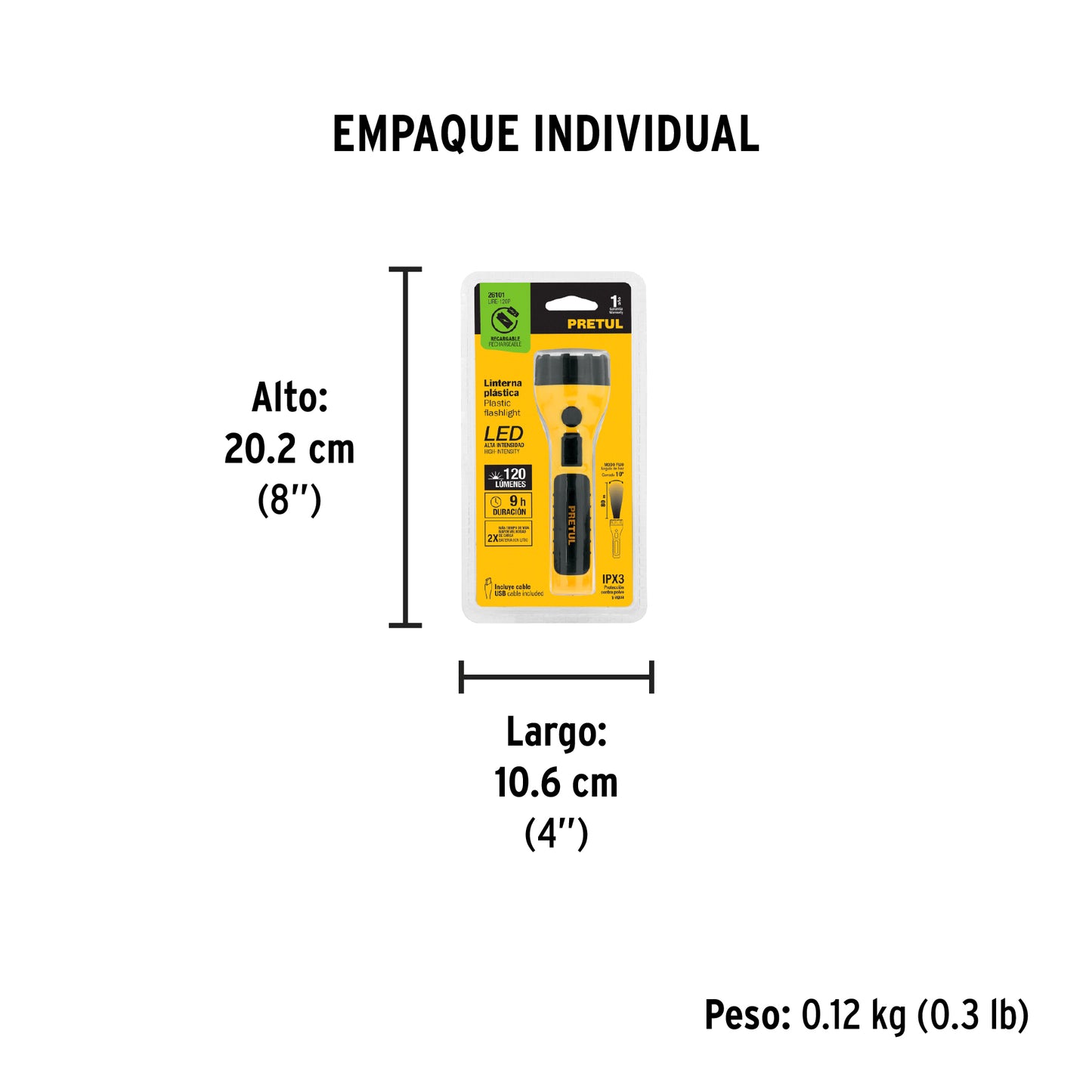 Linterna plástica de LED, 120 lm, recargable, PRETUL