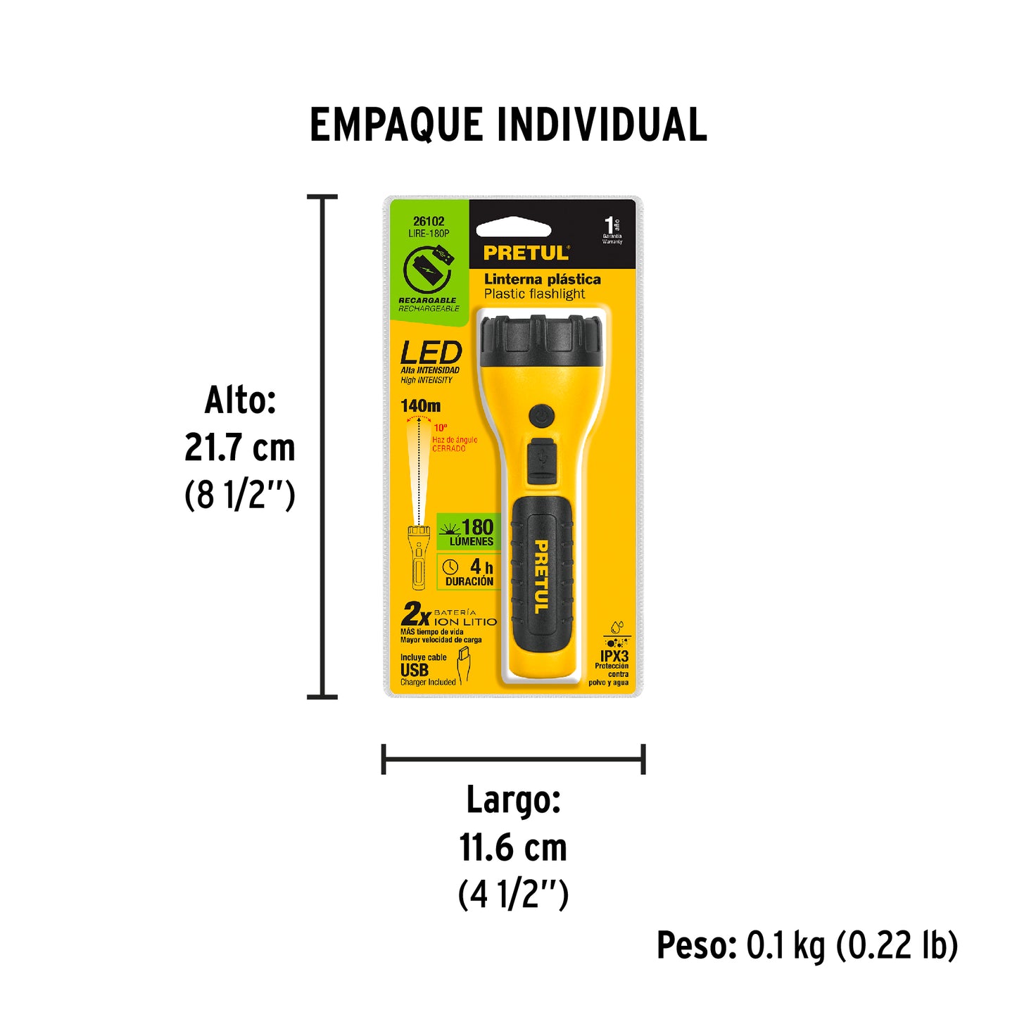 Linterna plástica de LED, 180 lm, recargable, PRETUL