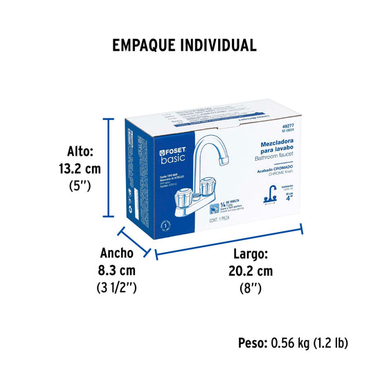 Mezcladora 4' para lavabo, cuello bar, manerales de acrílico