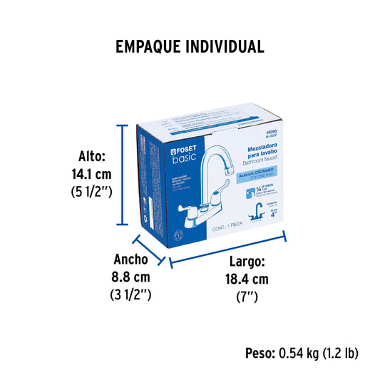 Mezcladora 4' para lavabo, cuello bar, manerales palanca