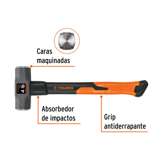 Marro octagonal 4 lb, mango de fibra de vidrio 14', Truper