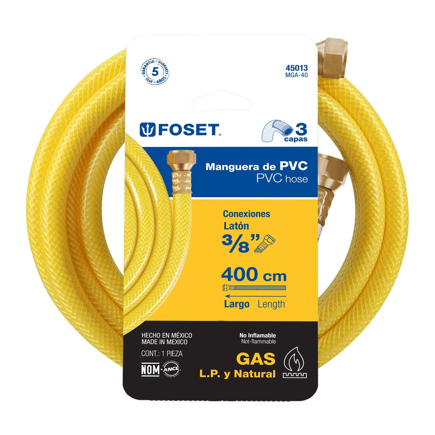 Manguera para gas, PVC amarilla, 3/8'flare, 4 m, FOSET