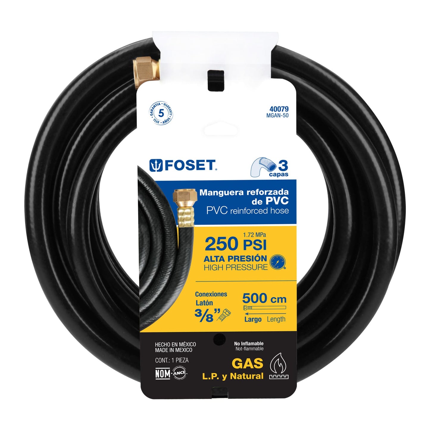 Manguera para gas, PVC negra, 3/8' flare, 5 m, FOSET