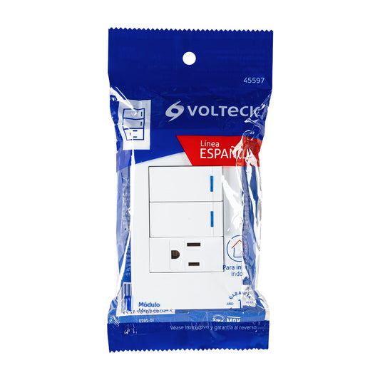 Placa armada 2 interruptores,1 contacto,1mod,Española,blanco