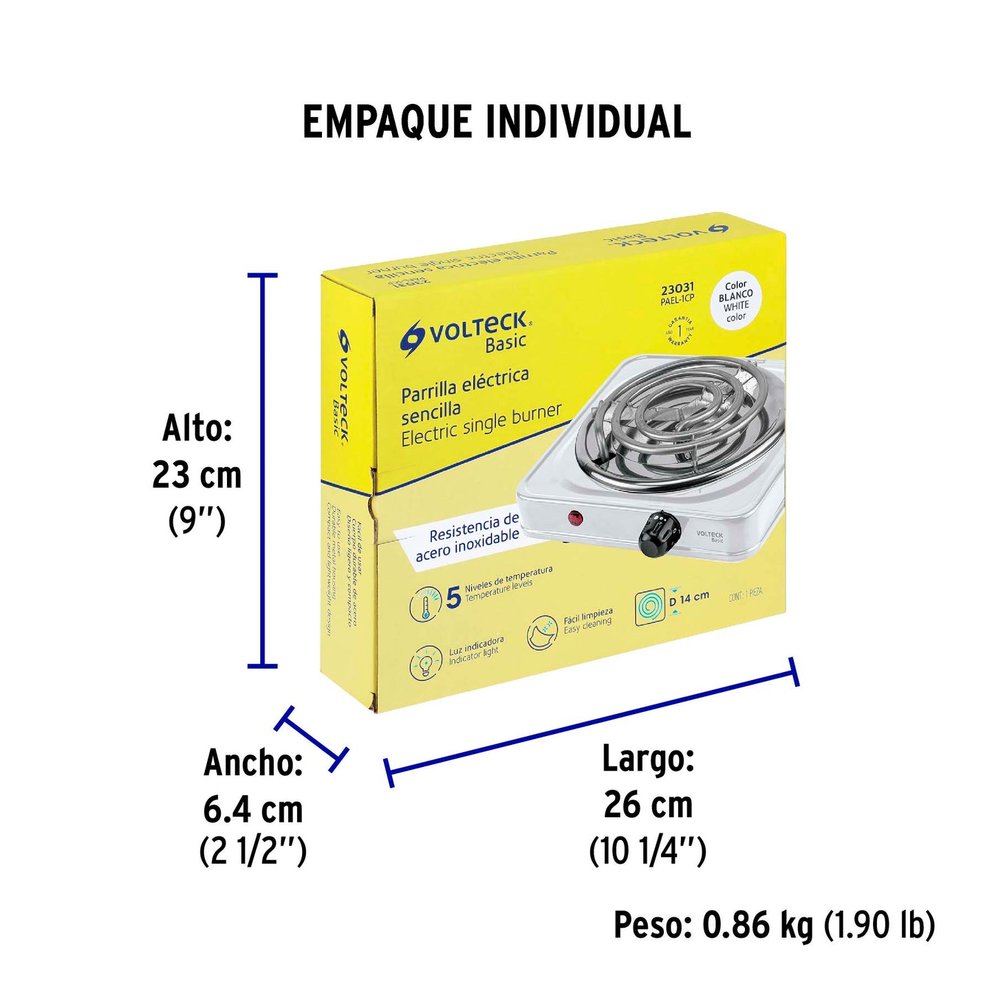 Parrilla eléctrica 1 quemador en espiral, blanca, BASIC