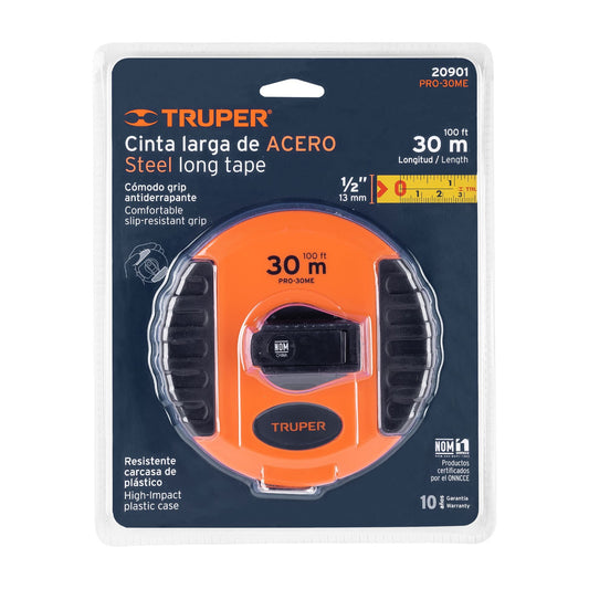 Cinta métrica larga 30 m, metálica, carcasa plástica, TRUPER