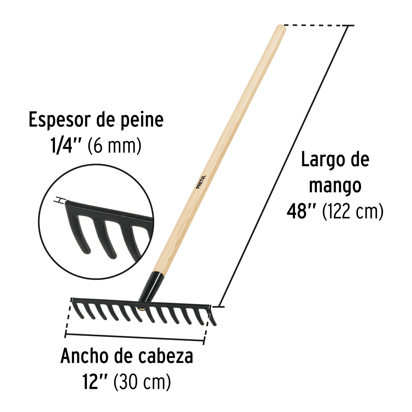Rastrillo recto de 12 dientes, mango de 48', Pretul
