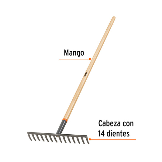 Rastrillo recto de 14 dientes, mango de 54', Truper