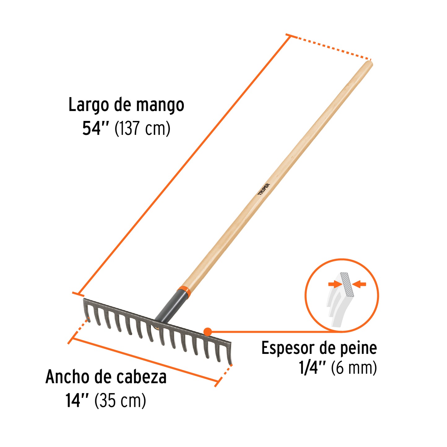 Rastrillo recto de 14 dientes, mango de 54', Truper