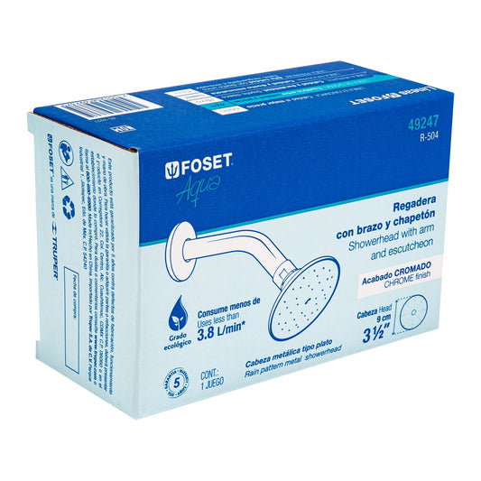 Regadera redonda 3-1/2', metálica,brazo y chapetón, cromo