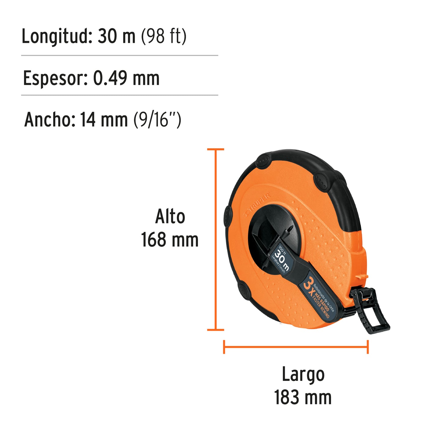 Cinta métrica larga 30m fibra de vidrio, carcasa plástica