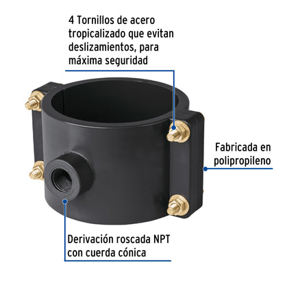 Abrazadera para toma domiciliaria PP 4' x 1/2', Foset