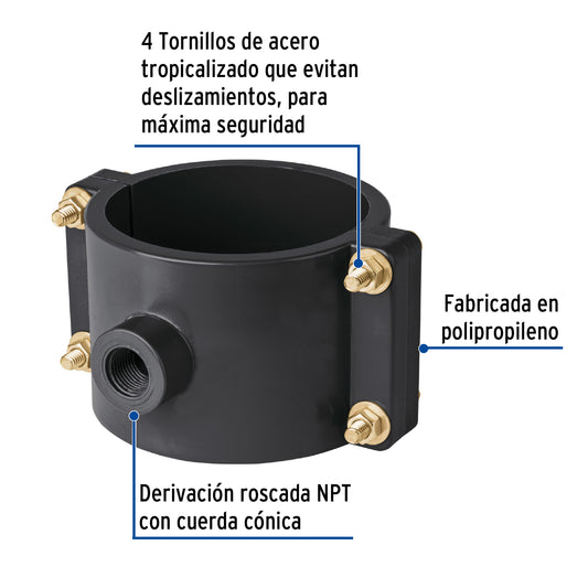 Abrazadera para toma domiciliaria PP 4' x 1/2', Foset
