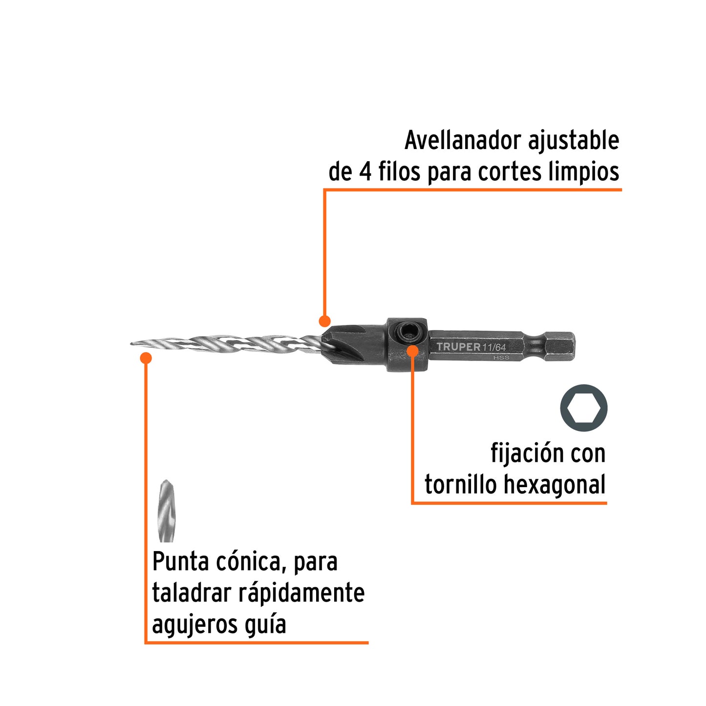 Broca avellanadora #8 para madera, 11/64', TRUPER