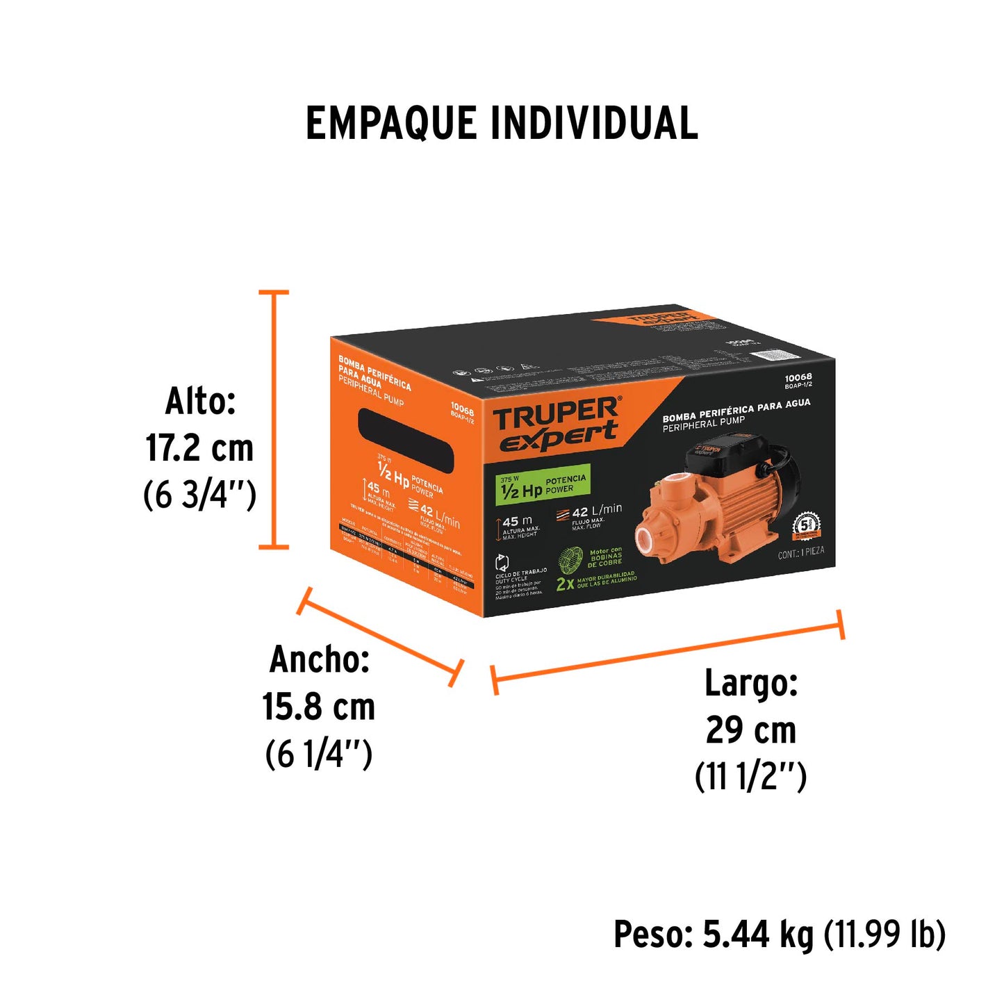 Bomba periférica 1/2HP, altura máx 45m, uso agrícola, EXPERT