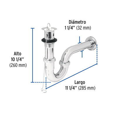 Céspol 1-1/4' c/contra, tapón y cadena, latón cromo,p/lavabo