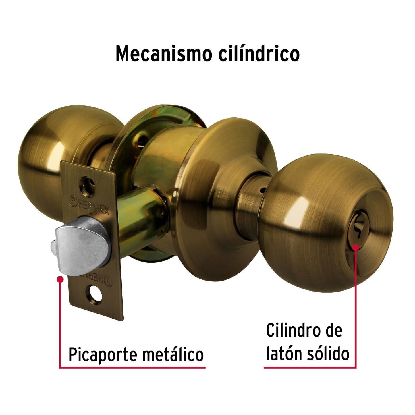 Cerradura tipo esfera para recámara, latón antiguo, HERMEX