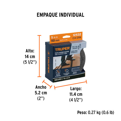 Rollo de 5 m de cinta antiderrapante negra 50mm con abrasivo