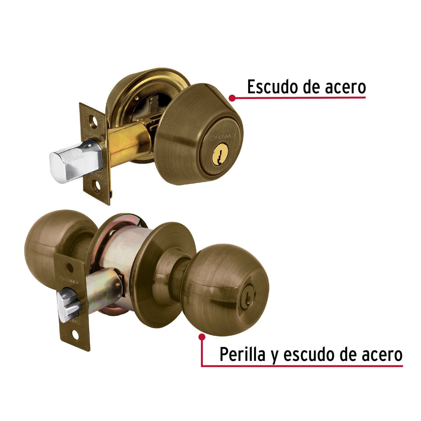 Combo cerraduras, llave-llave, latón antiguo, HERMEX BASIC