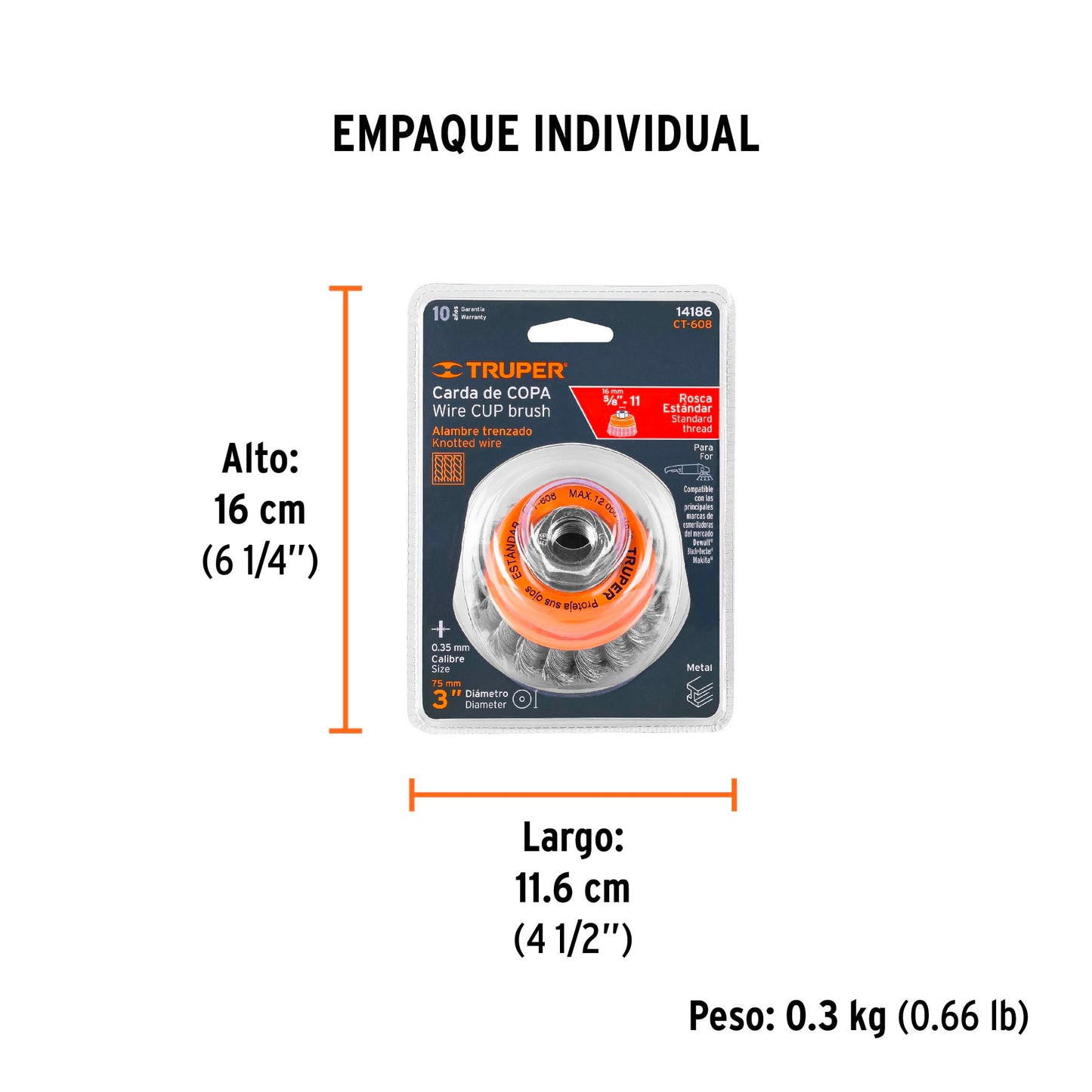 Carda copa 3' alambre trenzado fino, eje 5/8'-11, Truper