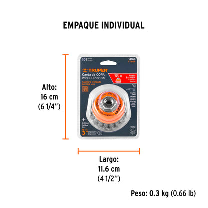 Carda copa 3' alambre trenzado fino, eje 5/8'-11, Truper