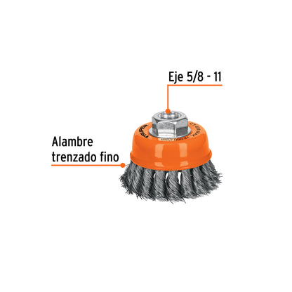 Carda copa 3' alambre trenzado fino, eje 5/8'-11, Truper