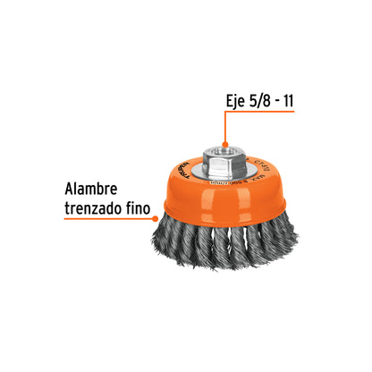 Carda copa 4' alambre trenzado fino, eje 5/8'-11, Truper