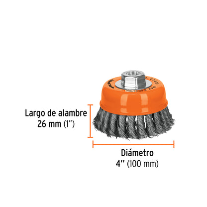 Carda copa 4' alambre trenzado fino, eje 5/8'-11, Truper
