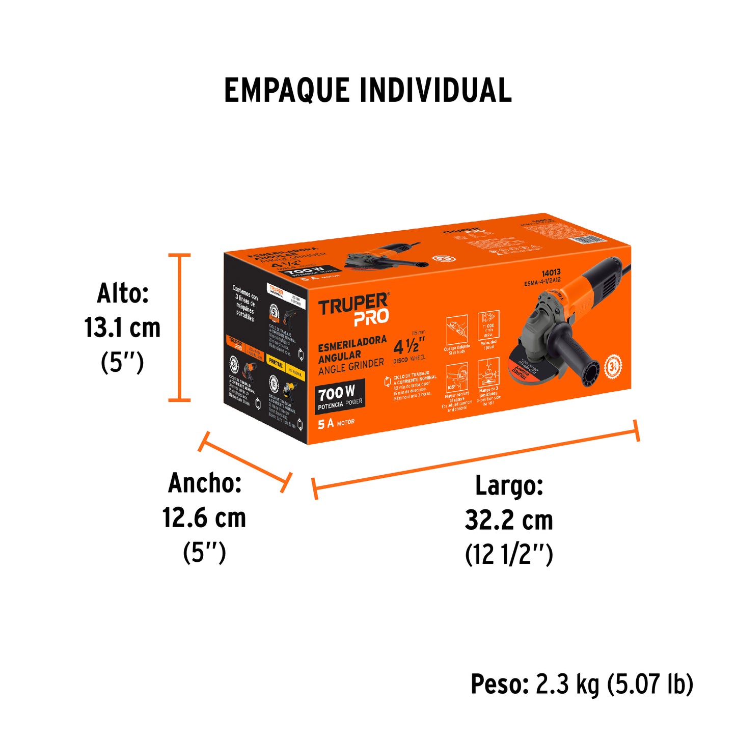 Esmeriladora angular 4-1/2', 700W, TRUPER PRO