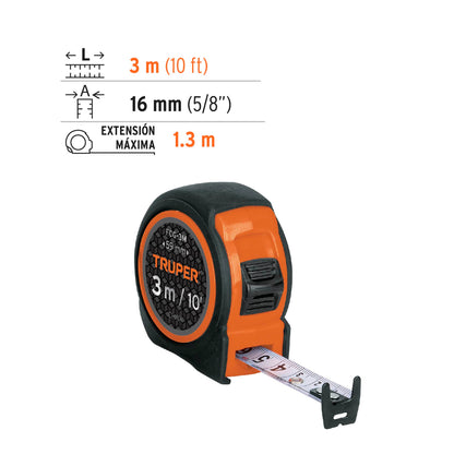 Flexómetro compacto contra impactos 3 m cinta 16 mm, TRUPER