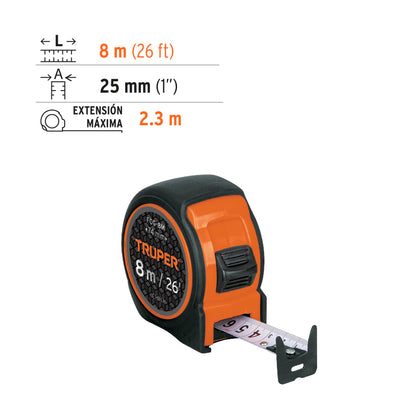 Flexómetro compacto contra impactos 8 m cinta 25 mm, TRUPER