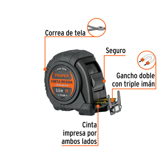 Flexómetro contra impactos 5.5 m, Cinta Negra 25 mm, Truper